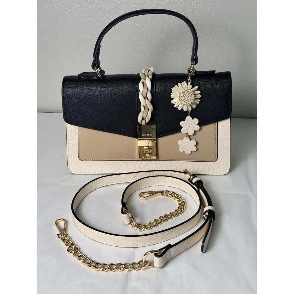 ALDO Tri-Color Satchel Purse Black Beige White - New Without Tags